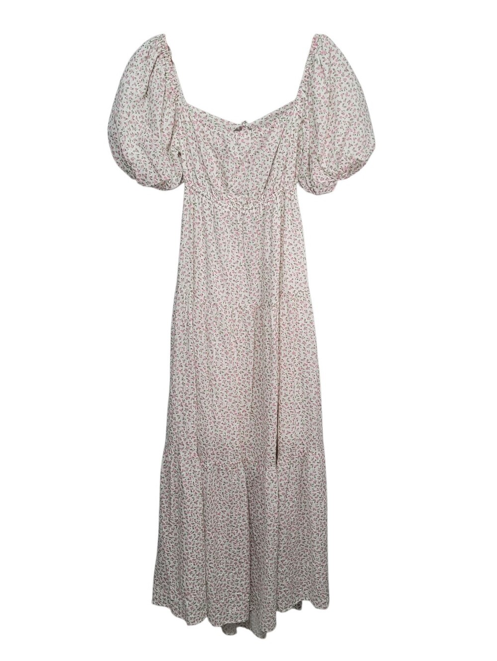 Mable White Floral Puff Sleeve Maxi Dress Size M Open Back Cottagecore Prairie